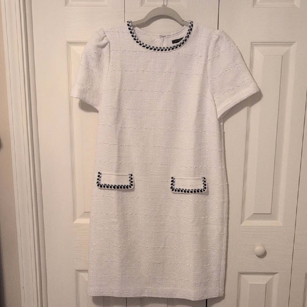 SALE White Ann Taylor Short Slv Tweed Dress w/ Black & Blue Trim
